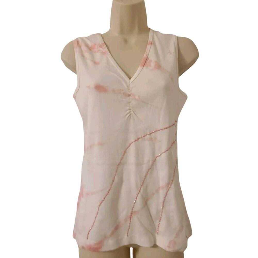 Ash & Sara White Pink Tie Dye Sleeveless Top Sequin Accents Sz Large New